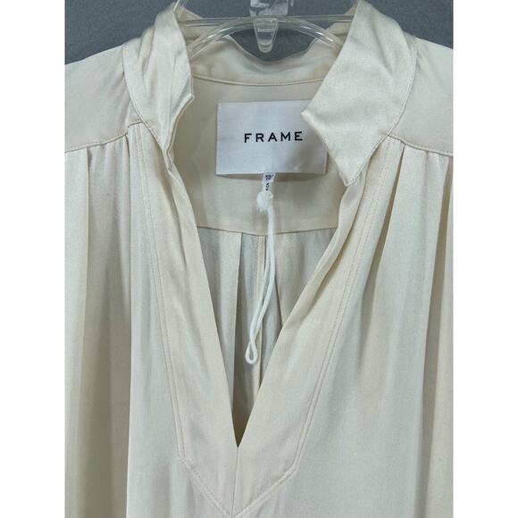 FRAME Dress Sz XS Kaftan Maxi White 100% Silk Split Neck Front Slit Long Sleeve - Picture 5 of 14